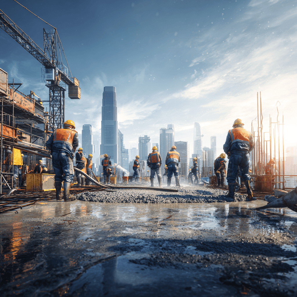 Team of four construction workers in safety gear reviewing architectural blueprints at job site - professional collaboration